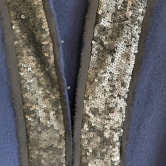 Aqua Cashmere Sweater Cardigan Navy Black Matte Sequin Detail Sz S Old Money - Picture 7 of 12